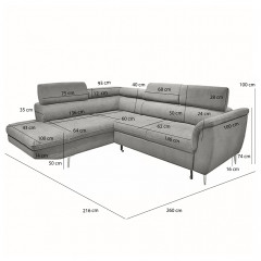 Canapé d'angle gauche convertible en tissu - coloris gris - dimensions - KENT