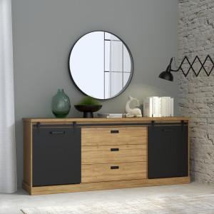 Buffet L214cm en bois effet chêne & noir - photo d'ambiance - FACTORY