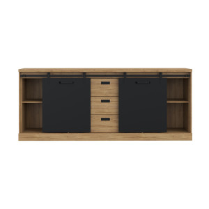 Buffet L214cm en bois effet chêne & noir - vu de face avec portes coulissantes ouvertes - FACTORY