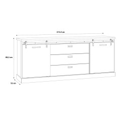 Buffet L214cm en bois effet chêne & noir - schéma avec dimensions meuble fermé - FACTORY