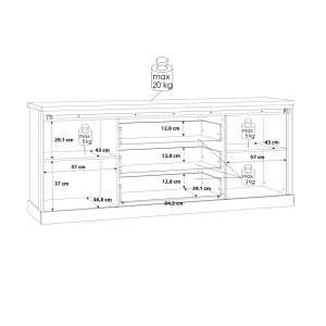 Buffet L214cm en bois effet chêne & noir - schéma avec dimensions totales intérieurs - FACTORY