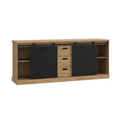 Buffet L214cm en bois effet chêne & noir - vu de biais avec portes coulissantes ouvertes - FACTORY