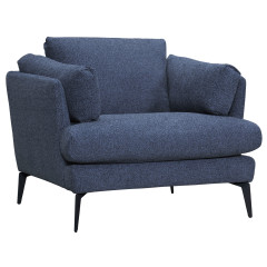 Fauteuil moelleux avec pieds métal noir - coloris bleu et tissu chiné - vue de 3/4 - DANY