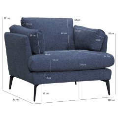 Fauteuil moelleux avec pieds métal noir - coloris bleu et tissu chiné - dimensions - DANY