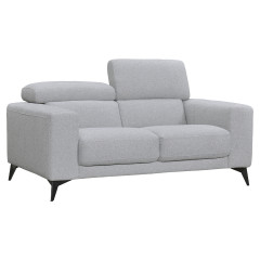 Canapé 2 places tissu chiné gris clair, pieds métal noir et têtières inclinables - vue de 3/4 - PANAMA