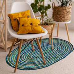 Tapis en jute tressée ovale bleu et vert artisanat indien 90cm  - SINNAR - photo d'ambiance