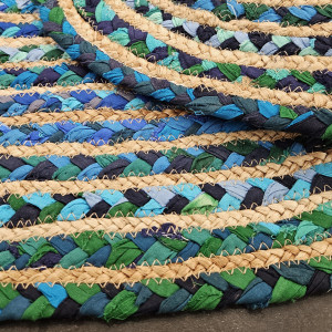 Tapis en jute tressée ovale bleu et vert artisanat indien 90cm  - SINNAR - photo ambiance zoom texture