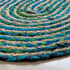 Tapis en jute tressée ovale bleu et vert artisanat indien 90cm  - SINNAR - photo ambiance zoom jute