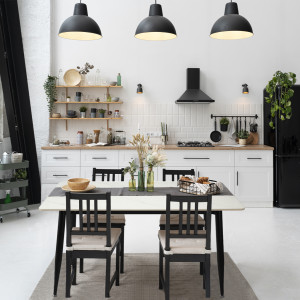 Table à manger en céramique effet marbre blanc et pieds évasés en métal noir L130cm - STONE - photo ambiance