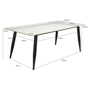 Table à manger en céramique effet marbre blanc et pieds évasés en métal noir L130cm - STONE - photo avec dimensions