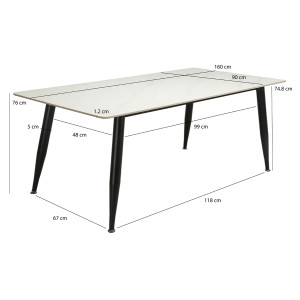 Table à manger en céramique effet marbre blanc et pieds en métal noir L160cm - STONE - photo avec dimensions