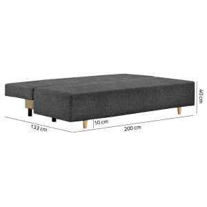 Canapé convertible 3 places en tissu gris L. 200 cm - TAO - vue couchage déplié