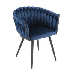 Chaise en velours matelassé avec accoudoirs bleu - MELODIE - vue de 3/4