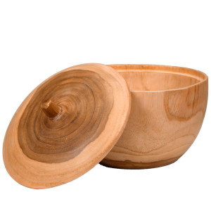 Lot de 2 petits bols saladiers D. 15 cm en bois de teck avec couvercle – décoration cuisine artisanale et naturelle – NIKO