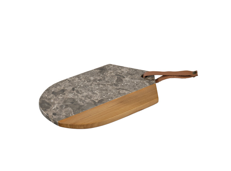 Planche à découper ovale 28 cm en marbre gris et bois de teck – plateau pésentation et service - THENA