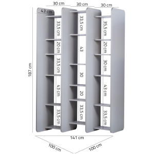 Bibliothèque L141 cm paravent asymétrique 18 étagères grise - XPESCA