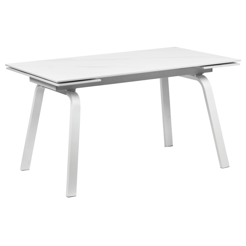 Table de Repas Extensible 140 / 200 cm en Céramique Blanc Marbré Pieds Évasés Métal Blanc - TOSHIRO