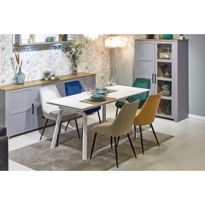 Table de Repas Extensible 140 / 200 cm en Céramique Blanc Marbré Pieds Évasés Métal Blanc - TOSHIRO