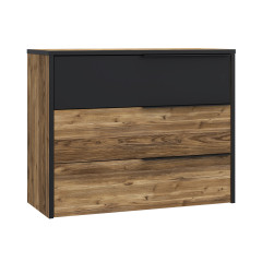 Commode H80 cm 3 tiroirs décor bois épicéa et noir mat -YAL