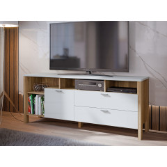Meuble TV 162cm 2 tiroirs 1 porte 4 niches décor gris clair - BOLERO