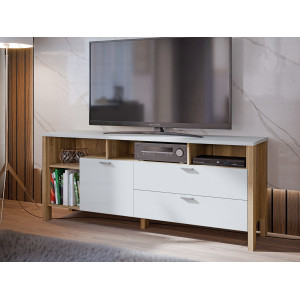 Meuble TV 162cm 2 tiroirs 1 porte 4 niches décor gris clair - BOLERO