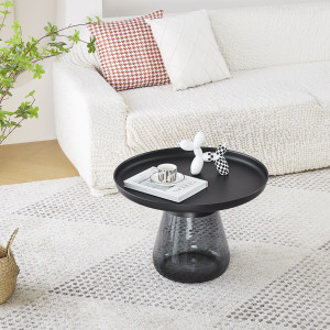 Table basse en verre trempé noir fumé avec plateau en métal - H 42 cm - BENTA