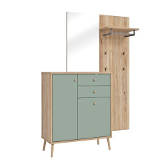 Meuble d’entrée rangement et porte manteau couleur bois et sauge – SACHA