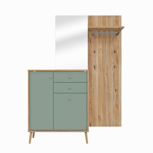 Meuble d’entrée rangement et porte manteau couleur bois et sauge – SACHA