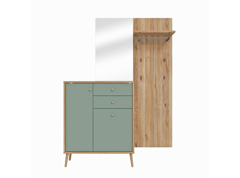 Meuble d’entrée rangement et porte manteau couleur bois et sauge – SACHA