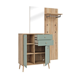 Meuble d’entrée rangement et porte manteau couleur bois et sauge – SACHA