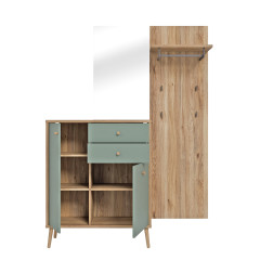 Meuble d’entrée rangement et porte manteau couleur bois et sauge – SACHA