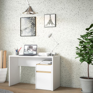 Bureau avec caisson amovible blanc mat et effet chêne - L110 CM - KIARA