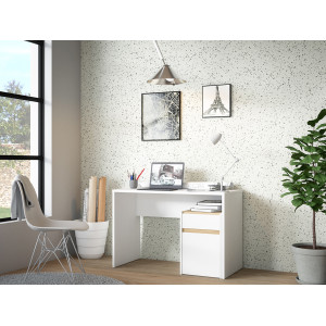 Bureau avec caisson amovible blanc mat et effet chêne - L110 CM - KIARA