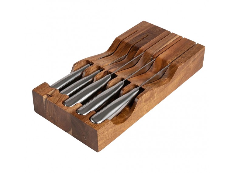 Set de cinq couteaux en inox sur support en bois massif d'acacia. Couteaux multi-usage de qualité.